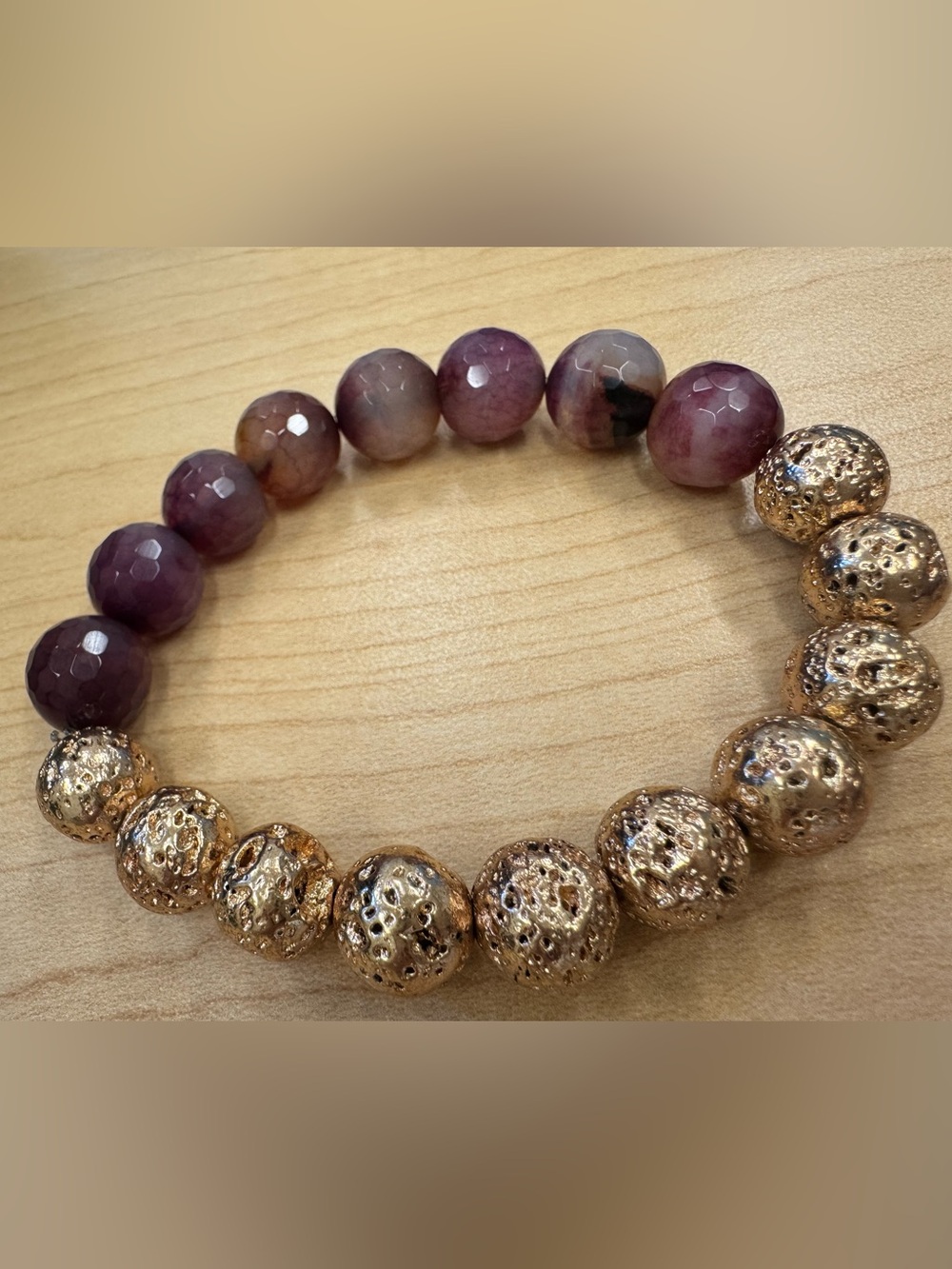Faceted Purple Agate Bead and Gold Lava Stone Textured Stretchy Bracelet